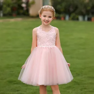 Detailed close-up of girls' pink lace embroidery and layered fluffy tulle party dress