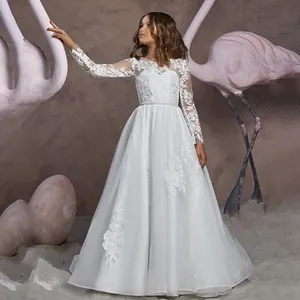 Abito Formale da Ragazza in Pizzo a Maniche Lunghe Elegante Bianco in Rete per Damigella d'Onore Matrimonio Festa Tutu Vestito da Principessa per Compleanno