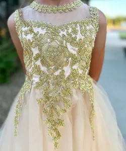 Ricamo dettagliato con fiori in pizzo dorato e strass sul vestito da bambina champagne