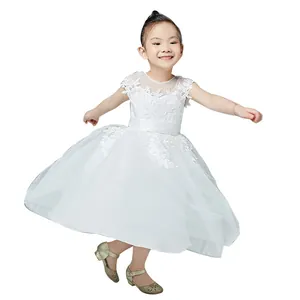 White lace and mesh flower girl princess dress for weddings and formal summer events