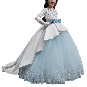 Elegant long-sleeved girls' lace dress with a light blue tulle train and bow detail
