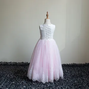 Abito da cerimonia per bambine in pizzo senza maniche con gonna in tulle rosa ricamata