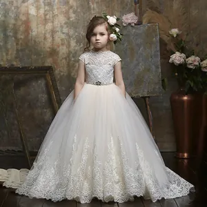 Girls Lace Sleeveless Backless Wedding Dress Ivory White Tulle Princess Gown For Birthday Party Performance Formal Kids
