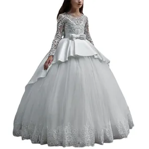 White lace long-sleeved girls princess dress with floral embroidery and puffy tulle train