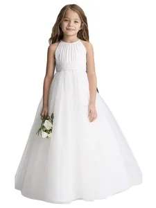 Abito da Cerimonia per Bambina Scollo all'Americana Senza Maniche Plissettato in Tulle Principessa Compleanno Matrimonio Festa Lungo