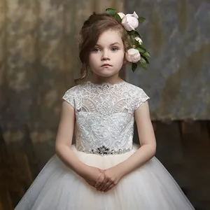 Elegant girls lace flower girl dress with sparkling silver waist belt and tulle skirt