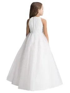 Elegante abito bianco senza maniche in chiffon da bambina con lunga gonna in tulle