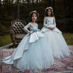 Lace long sleeve girls evening gown with bow and tiered tulle skirt for formal events