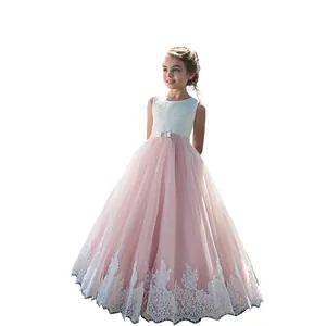 Abito elegante da bambina senza maniche con pizzo bianco e gonna in tulle rosa