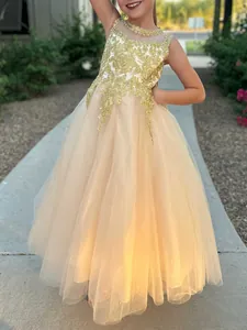 Abito da damigella senza maniche color champagne in tulle con ricami e paillettes