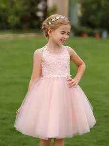 Pink lace flower girl dress with layered tulle skirt for birthday and wedding parties