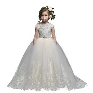 Ivory lace and tulle girl princess dress with sequin waist and floral embroidery