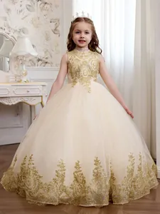 Girls Elegant Sleeveless High Neck Floral Embroidery Mesh Trailing Princess Dress Wine Red Royal Blue Party Wedding Gown