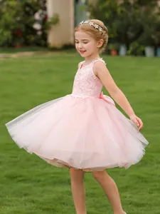 Pink lace embroidery girls princess dress with layered tulle skirt for weddings