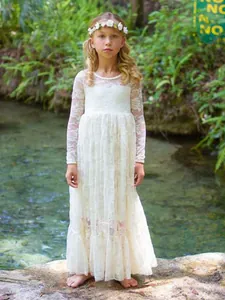 Vestido de Princesa de Manga Larga con Flores de Encaje para Niñas Elegante Vestido de Fiesta de Boda de Tul en Capas para Cumpleaños
