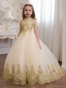 Elegant sleeveless champagne flower girl dress with gold embroidery and mesh tulle