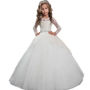 Abito da Ragazza a Maniche Lunghe in Pizzo Principessa Damigella Elegante Cintura in Strass Tulle Abito a Palloncino per Matrimonio Festa