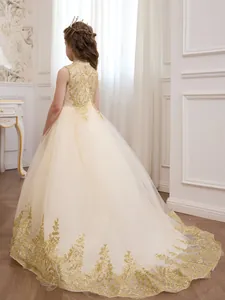 Elegant champagne gold flower girl dress with long train and gold lace embroidery