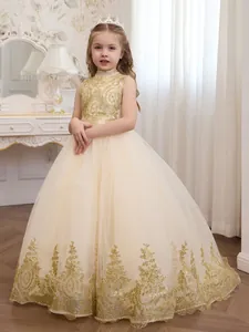Elegant sleeveless children princess dress with gold sequin embroidery and mesh skirt