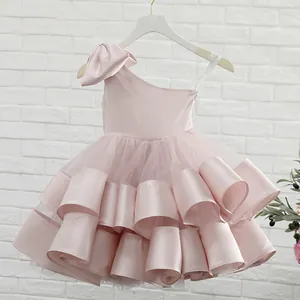 Rosa One-Shoulder Prinzessinnenkleid für Mädchen mit Schleife und gestuftem Tutu-Rock