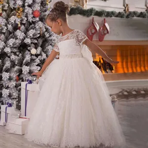Girls Lace Flower Girl Dress Backless Puffy Tulle Wedding Party Formal Princess Gown With Artificial Pearl Sequin Belt Short Sleeve
