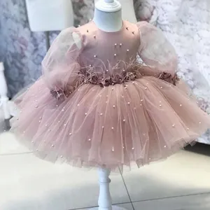 Girls Princess Mesh Tutu Dress Long Sleeve Pearl Beaded Feather Flower Birthday Wedding Party Formal Gown