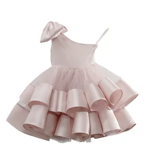 Rosa One-Shoulder-Prinzessinnenkleid für Mädchen mit Schleife und gestuftem Rock