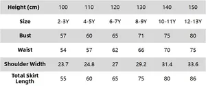 Size chart for girls tulle formal dress showing height and chest measurements in cm