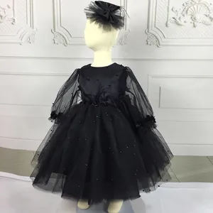 Elegant black tulle flower girl dress with long sleeves and pearls for party occasions