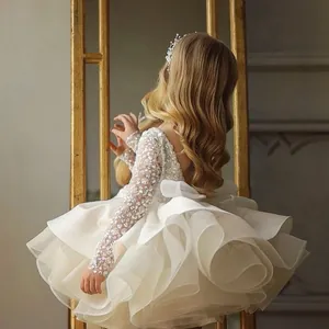 Macro shot of white sequined lace sleeves and large back bow on a layered princess dress