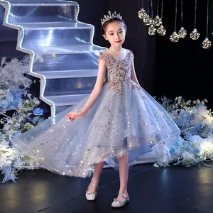 Detailed blue-grey princess dress with gold embroidery and sparkling star sequins