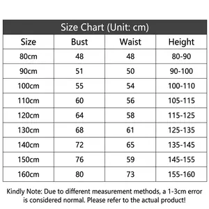 Detailed size chart for girls princess dress showing measurements from 80cm to 160cm