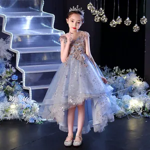 Blue sequin girls princess dress with high-low hem and delicate floral shoulder details