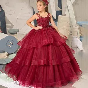 Girls Princess Lace Tulle Sleeveless Wedding Party Dress Layered Cake Skirt Ball Gown For Birthday Flower Girl Ceremony