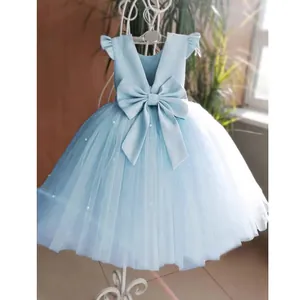 Detail of light blue girls tulle dress with large back bow and pearl embellishments
