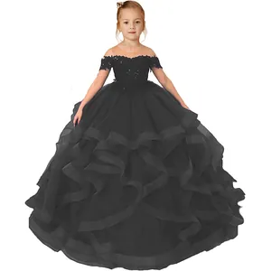 Elegant Off Shoulder Girl Lace Princess Gown Layered Mesh Trailing Tutu Dress For Wedding Performance Birthday Party