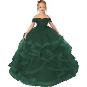 Dark green off-shoulder lace princess dress with multi-layer tulle ball gown for girls