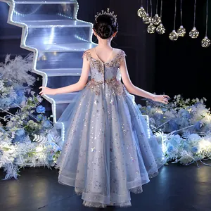 Sleeveless light blue flower girl dress with star sequins and floral embroidery