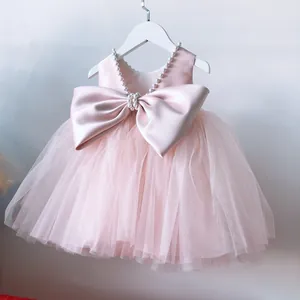 Girls Princess Tutu Dress Satin Sleeveless Gown With Large Bow And Pearl Neckline For Flower Girl Wedding Birthday Party