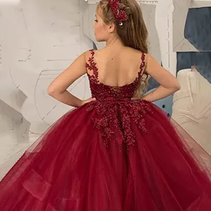 Elegant burgundy sleeveless girls lace tulle pageant ball gown with open tie back design