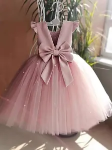 Girl Princess Mesh Tulle Dress With Artificial Pearl Embroidery Backless Large Bow Flower Girl Wedding Party Formal Dress Tulle Gown