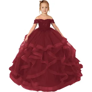 Dark red off-the-shoulder lace ball gown for girls with layered tulle skirt for parties