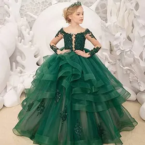 Mädchen Spitze Tüll Langarm Kleid Prinzessin Stufenrock Hochzeit Party Geburtstag Aufführung Puffiges Maxi Kleid Für Kinder