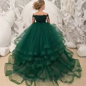 Elegantes dunkelgrünes Prinzessinnenkleid aus Spitze mit Lagenrock für Mädchengeburtstage