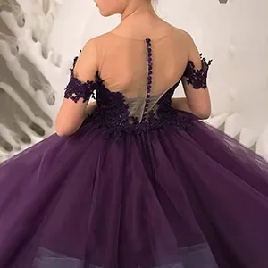Dark purple off-shoulder lace flower girl dress with layered tulle skirt and button back