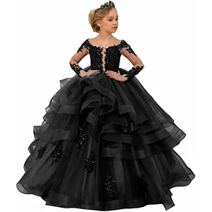 Mädchen Prinzessinnenkleid in Schwarz mit Spitzenärmeln, Pailletten und Tüllrock