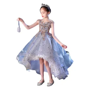 Blue lace flower girl dress with star sequins and high-low hem for wedding parties