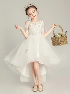 Vestido de Princesa Blanco para Niñas Encaje Bordado Floral Malla Tul Tutú Boda Dama de Honor Fiesta Formal Gala