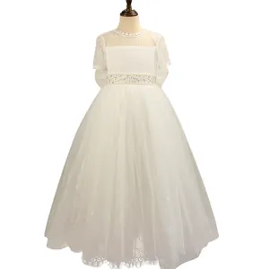 White lace flower girl dress with short sleeves and rhinestone pearl belt detail