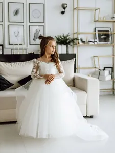 Girls Lace Long Sleeve Wedding Dress Princess Pageant Birthday Gown Tulle Trailing Flower Girl Dress